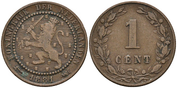 Нидерланды 1 цент 1881 Виллем III (1849-1890) KM 107 бронза 4576-561