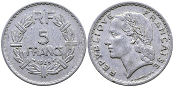 Франция 5 франков 1949 тип Лаврийе KM 888b.1, LE FRANC 339.17 алюминий 59-323