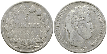 Франция 5 франков 1834 А, Луи Филипп I (1830-1848) KM 749.1 серебро 79-1032