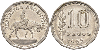 Аргентина 10 песо 1965 Гаучо KM 60 никелированная сталь 219-1237