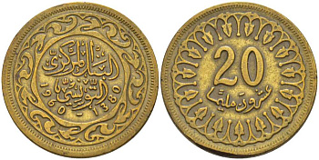 Тунис 20 миллимов 1960 АН1380, республика KM 307 латунь 110-441