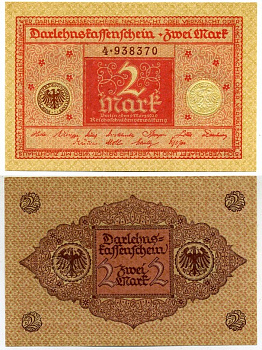 ГЕРМАНИЯ 2 МАРКИ 1920 1 МАРТА 1920, ВЕЙМАРСКАЯ РЕСПУБЛИКА, КРАСНАЯ, СЕРИЯ 4 Pick 59, Rosenberg 65b бумага UNC (ПРЕСС) 6289-42-1-2