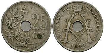 Бельгия 25 сантимов 1922 Belgique KM 68 медно-никель 4168-1244