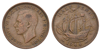 Великобритания 1/2 пенни 1944 Георг VI (1936-1952) KM 844, Spink 4115 бронза 4675-417