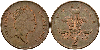 Великобритания 2 пенса 1992 Елизавета II (1952-2022) KM 936a, Spink 4376 бронза 4156-524