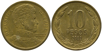 Чили 10 песо 2002 So KM 228.2, Schon 82 алюминиевая бронза 4544-716