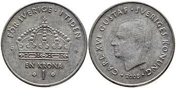 Швеция 1 крона 2005 Карл XVI Густав (1973- ) KM 894 медно-никель 93-421