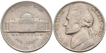 США 5 центов 1960 D, Джефферсон KM А192 медно-никель 92-1041