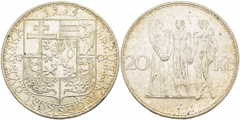 Чехословакия 20 крон 1934 три фигуры (индустрия, сельское хозяйство, бизнес) KM 17 серебро 1515-1732