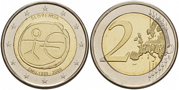 Словения 2 евро  2009 10 лет монетарной политики ЕС (EMU) и введения евро KM 82 биметалл UNC 00-00