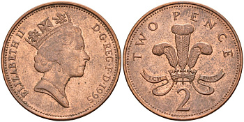Великобритания 2 пенса 1995 Елизавета II (1952-2022) KM 936а, Spink 4386 (C4) сталь плакированная медью 4116-751