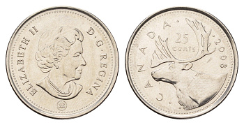 Канада 25 центов 2008 Leaf, Елизавета II (1952-2022), олень KM 493 сталь плакированная никелем UNC 4678-1142