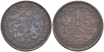 НИДЕРЛАНДЫ 1 ЦЕНТ 1919 ВИЛЬГЕЛЬМИНА I (1891-1948) KM 152 бронза 4547-915