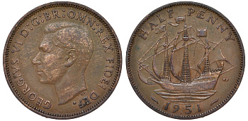 Великобритания 1/2 пенни 1951 Георг VI (1936-1952) KM 868, Spink 4118 бронза 62-1254