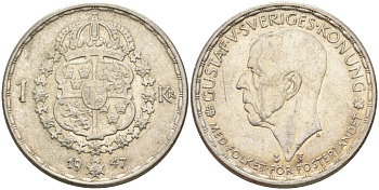 Швеция 1 крона 1947 TS, Густав V (1907-1950) KM 814 серебро 4148-1046