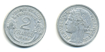 Франция 2 франка 1949 В, тип Morlon KM 886а.2, Le Franc 269.15 алюминий 80-637