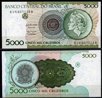 Бразилия 5000 крузейро 1990 голова свободы Pick 227 бумага UNC (пресс) 2196-36-1-1