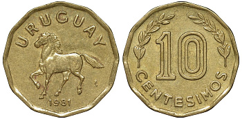 Уругвай 10 сентесимо 1981 KM 66 алюминиевая бронза 4169-553