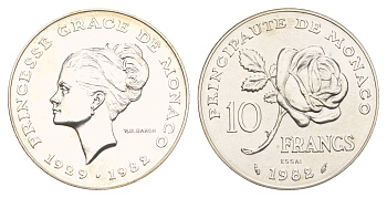 Монако 10 франков 1982 Смерть принцессы Грейс, Essai - Пробник KM E73 серебро BU 11-132-35
