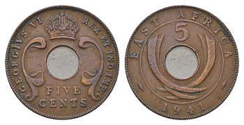 Британская Восточная Африка 5 центов 1941 Георг VI (1936-1952) KM 25 бронза 4626-717