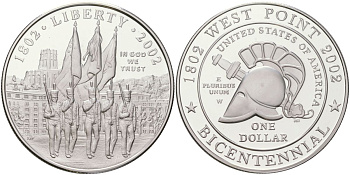 США 1 доллар 2002 W, 200 лет Военной академии в Вест-Поинте KM 338 серебро PROOF 11-233-21