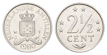 Нидерландские Антильские острова (Нидерландские Антилы) 2 1/2 цента 1980 KM 9a алюминий UNC 4674-855