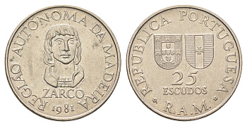 Португалия, Мадейра 25 эскудо 1981 Жуан Гонсалвиш Зарку KM 4 медно-никель UNC 4660-943