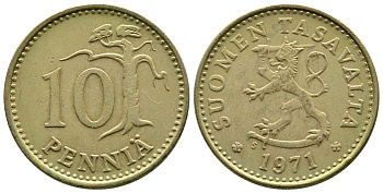 ФИНЛЯНДИЯ 10 ПЕННИ 1971 S KM 46 алюминиевая бронза 4110-747