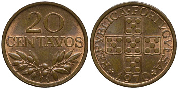 ПОРТУГАЛИЯ 20 СЕНТАВО 1970 KM 595 бронза 218-1113