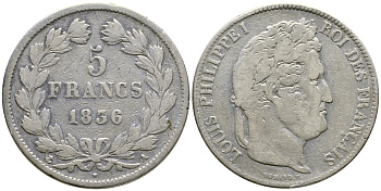 Франция 5 франков 1836 А, Луи Филипп I (1830-1848) KM 749.1 серебро 79-1035