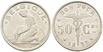 БЕЛЬГИЯ 50 САНТИМОВ 1933 BELGIQUE KM 87 никель 261-1641