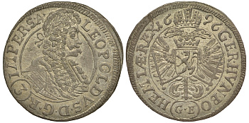 СВЯЩЕННАЯ РИМСКАЯ ИМПЕРИЯ, АВСТРИЯ 3 КРЕЙЦЕРА 1696 GE, ЛЕОПОЛЬД I (1657-1705), МОНДВОР ПРАГА, БОГЕМИЯ KM 1430, Herinek 1463 серебро 272-225