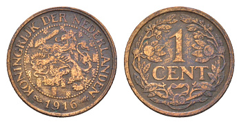 Нидерланды 1 цент 1916 Вильгельмина (1890-1948) KM 152 бронза 75-141