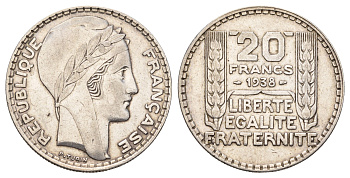 Франция 20 франков 1938 Пьер Тюрен KM 879, Le Franc 400.7 серебро 1520-421