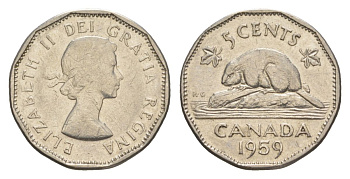 Канада 5 центов 1959 Елизавета II (1952-2022), бобр KM 50a никель 4630-665
