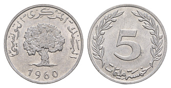 Тунис 5 миллимов 1960 пробковый дуб KM 282 алюминий UNC 4656-752