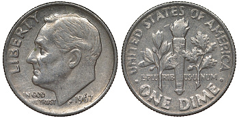 США 10 центов (дайм) 1967 Рузвельт KM 195а медь плакированная медно-никелем 4124-438