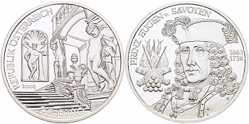 АВСТРИЯ 20 ЕВРО 2002 ПРИНЦ ОЙГЕН (1663-1736) ПЕРИОД БАРОККО, ПРИНЦ САВОЙСКИЙ KM 3098 серебро PROOF 1087-3-74