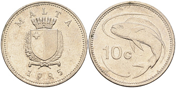 Мальта 10 центов 1995 золотая макрель KM 96 медно-никель 4588-242