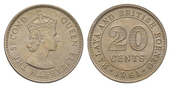 Малайя и Британское Борнео 20 центов 1961 Елизавета II (1952-2022), британские колония KM 3 медно-никель aUNC 4671-156