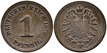Германия 1 пфенниг 1876 F KM 1, J. 1, Weege 1 медь 4387-255