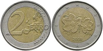 ФИНЛЯНДИЯ 2 ЕВРО 2008 М, ЦВЕТЫ МОРОШКИ KM 105 биметалл 34-346