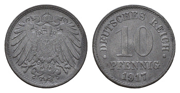 Германия 10 пфеннигов 1917 Вильгельм II (1888-1918) KM 26, J. 299 цинк 4636-1123