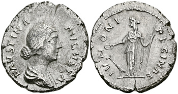 Римская Империя денарий 161 - 170 Фаустина Младшая, жена Марка Аврелия IVNONI REGINAE Юнона Рим Good Very fine RIC 696 серебро 1073-4-54