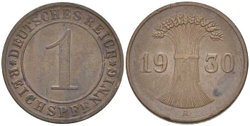 ГЕРМАНИЯ 1 РЕЙХСПФЕННИГ 1930 A KM 37, J. 313, Weege 2 бронза 206-832