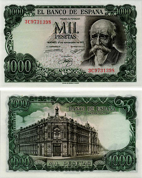 Испания 1000 песет 1971 (1974) Хосе Эчегерай-и-Эйсагирре, 100 лет со дня того, как Banco de España стал единственным банком-эмитентом (1874–1974) Pick 154 бумага UNC (пресс) 451-319-1