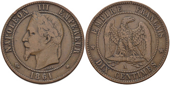 ФРАНЦИЯ 10 САНТИМОВ 1861 А, НАПОЛЕОН III (1852-1870) KM 798.1, LA FRANC 134.2 бронза 97-1233
