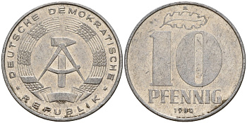 ГДР 10 пфеннигов 1980 A KM 10 алюминий 68-825