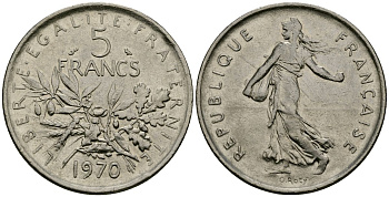 Франция 5 франков 1970 сеятель KM 926a.1, Le Franc 341.10 медно-никель плакированный никелем 4137-244