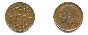 БЕЛЬГИЯ 50 САНТИМОВ 1958 BELGIQUE KM 148.1 бронза 71-1527